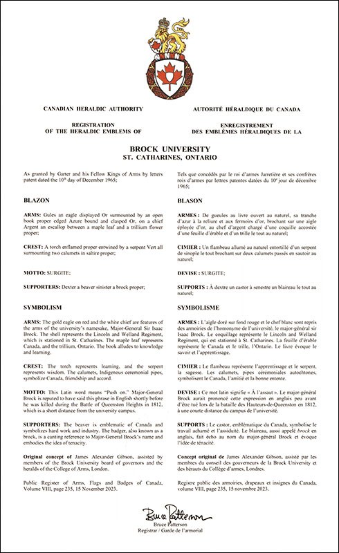 Lettres patentes enregistrant les emblèmes héraldiques de la Brock University