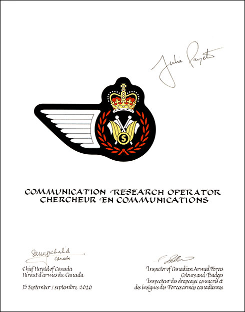 Lettres patentes approuvant les emblèmes héraldiques d'un Chercheur en communications de l’Aviation royale canadienne