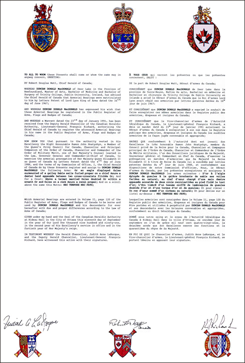 Letters patent registering the heraldic emblems of Duncan Donald MacDonald