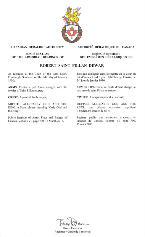 Letters patent registering the heraldic emblems of Robert Saint Fillan Brown