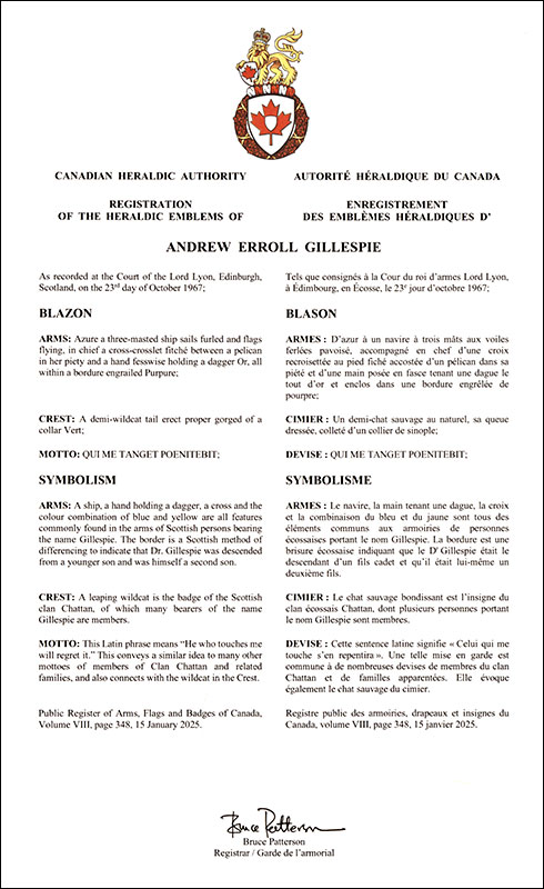 Lettres patentes enregistrant les emblèmes héraldiques d'Andrew Erroll Gillespie