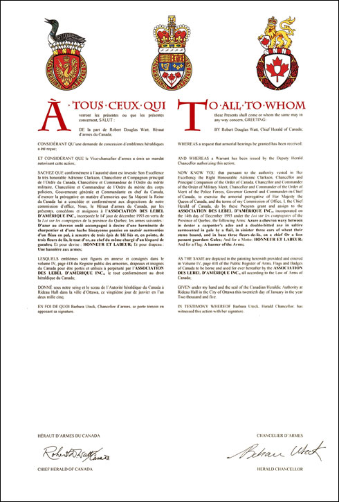 Letters patent granting heraldic emblems to the Association des LEBEL d'Amérique inc.