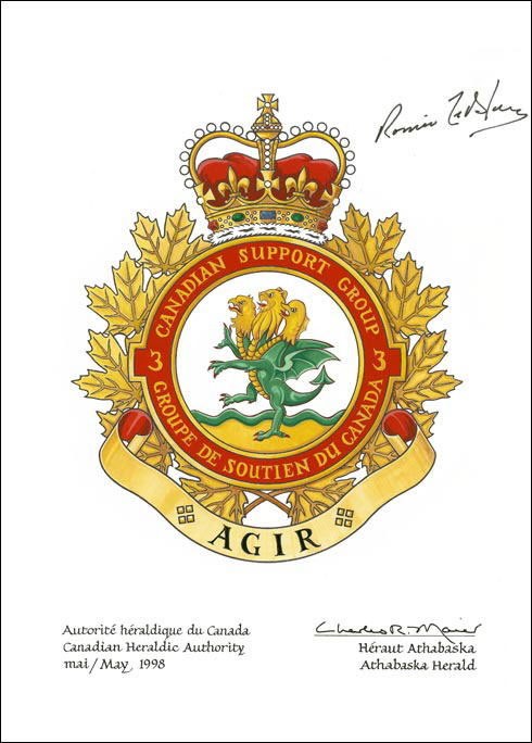 Letters patent approving the Badge of 3 Canadian Support Group
