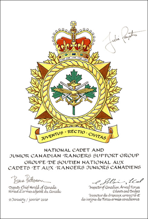 Lettres patentes approuvant les emblèmes héraldiques du Groupe de soutien national aux Cadets et aux Rangers juniors canadiens