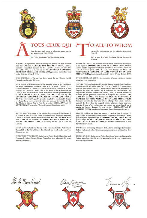 Letters patent granting a Badge for use by the Governor General’s Awards in Visual and Media Arts