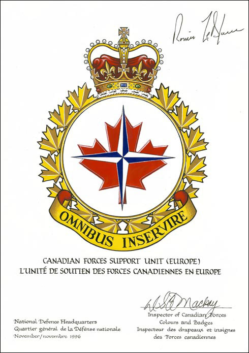 Lettres patentes approuvant l’insigne de L'Unité de soutien des Forces canadiennes en Europe