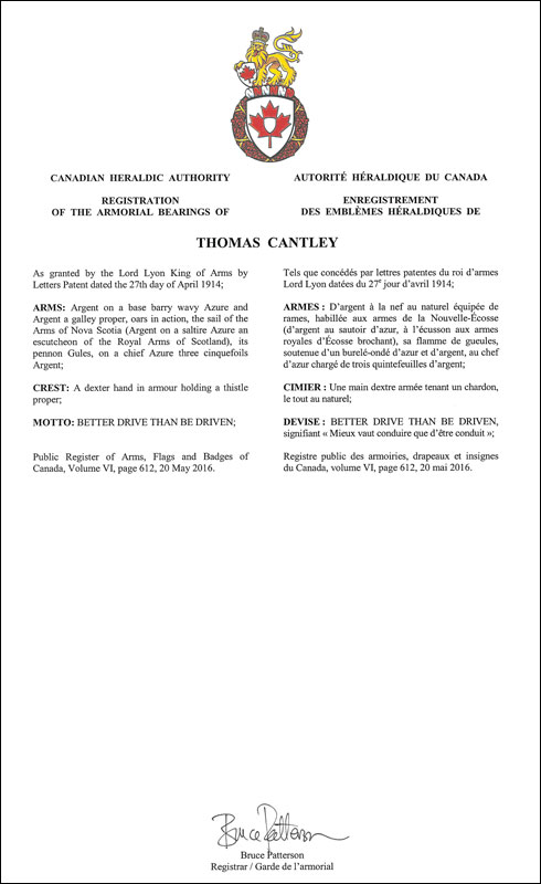 Lettres patentes enregistrant les emblèmes héraldiques de Thomas Cantley