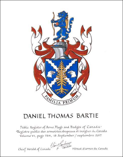Lettres patentes concédant des emblèmes héraldiques à Daniel Thomas Bartie