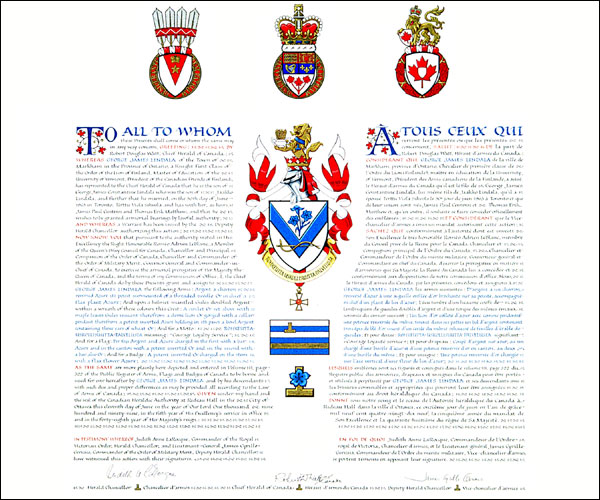Letters patent granting heraldic emblems to George James Lindala