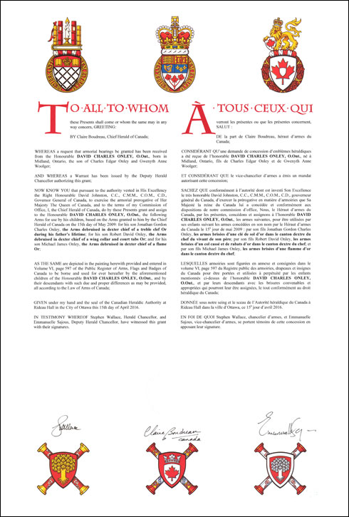 Letters patent granting heraldic emblems to David Charles Onley