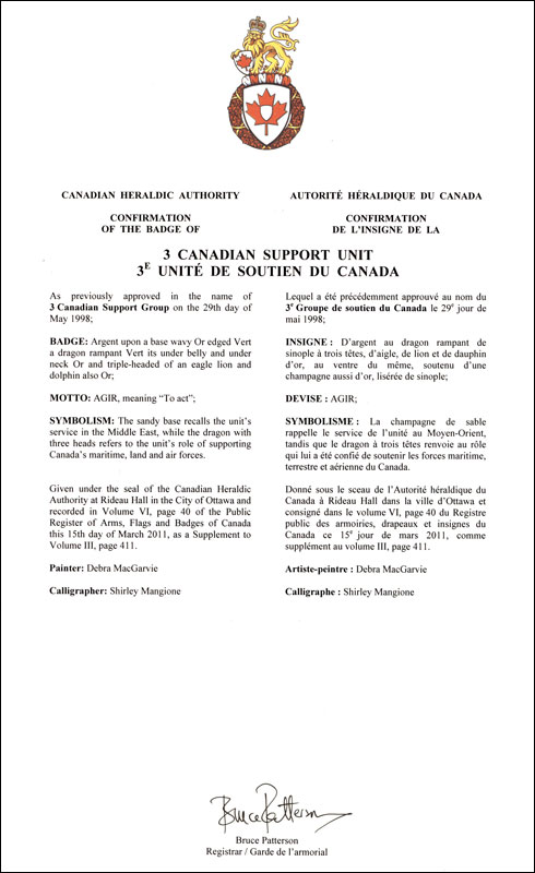 Lettres patentes confirmant l'insigne du 3e Unité de soutien du Canada
