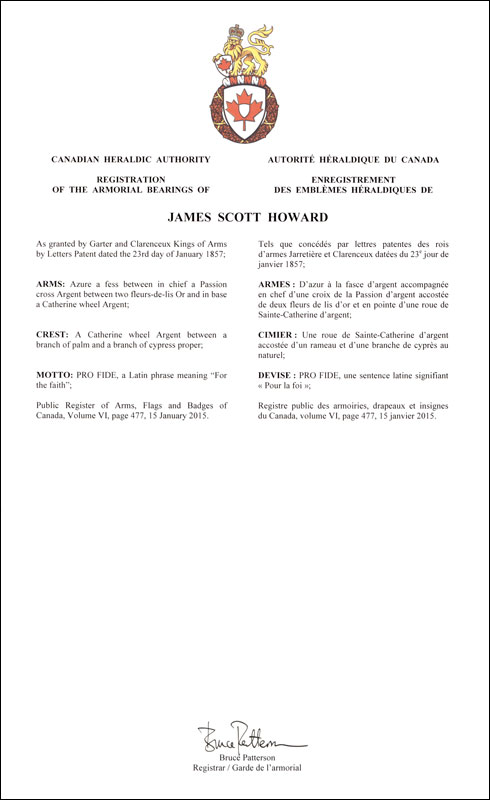 Letters patent registering the heraldic emblems of James Scott Howard