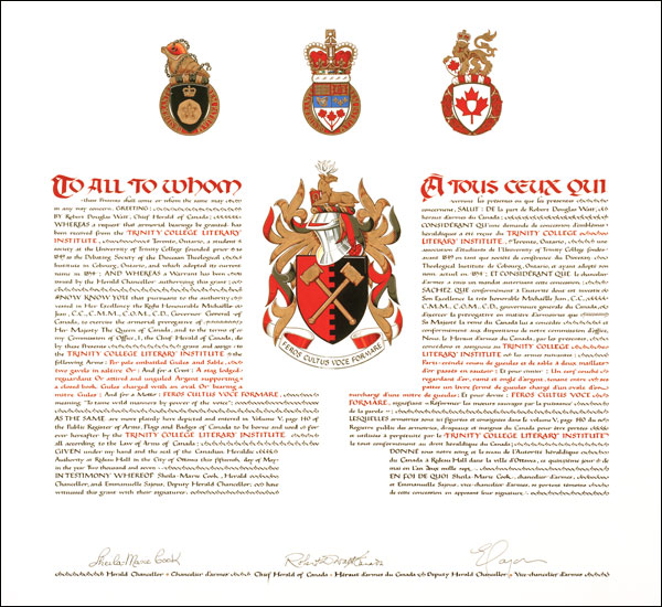 Letters patent granting heraldic emblems to the Trinity College Literary Institute