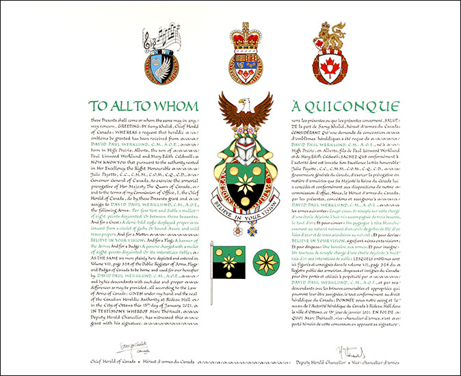 Lettres patentes concédant des emblèmes héraldiques à David Paul Werklund