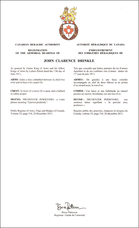 Letters patent registering the heraldic emblems of John Clarence Drinkle