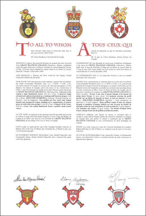 Letters patent granting heraldic emblems to Grant MacEwan College