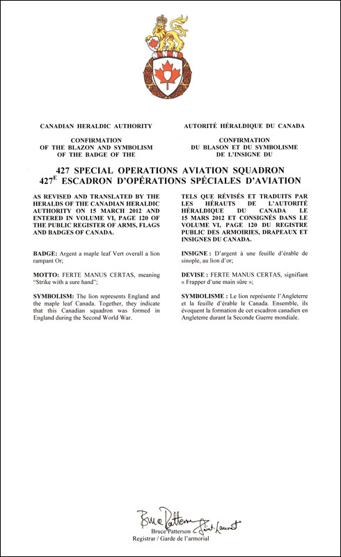 Lettres patentes confirmant le blasonnement de l'insigne du 427e Escadron d’opérations spéciales d'aviation