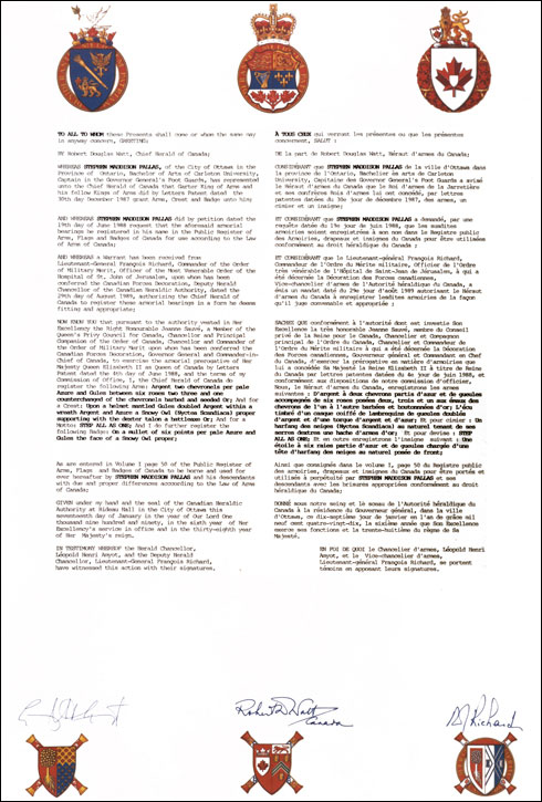 Letters patent registering the heraldic emblems of Stephen Maddison Pallas