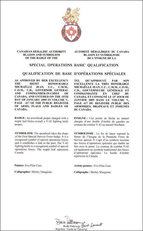 Letters patent approving the Badge of the Special Operations Basic Qualification