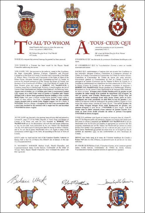 Letters patent granting heraldic emblems to Robert Ian MacDonald