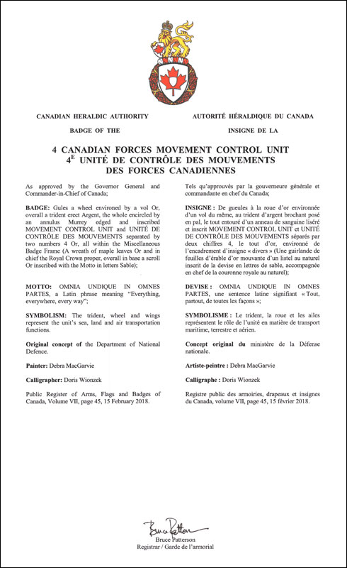 Lettres patentes approuvant les emblèmes héraldiques de la 4e Unité de contrôle des mouvements des Forces canadiennes