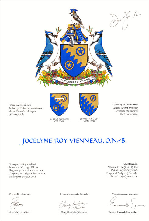 Letters patent granting heraldic emblems to Jocelyne Roy Vienneau
