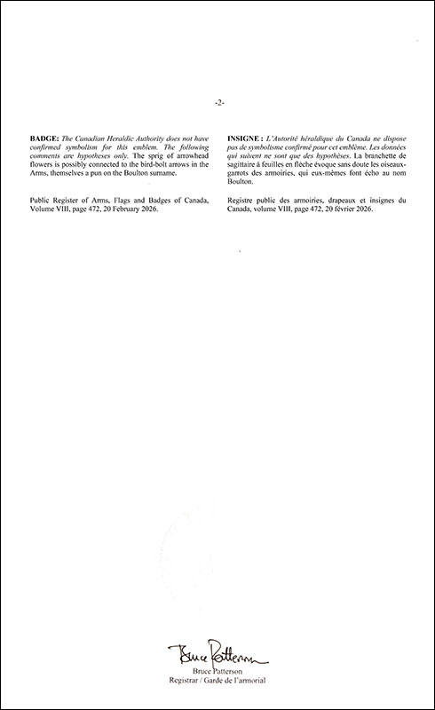 Lettres patentes enregistrant les emblèmes héraldiques de Dacre Fiennes Boulton