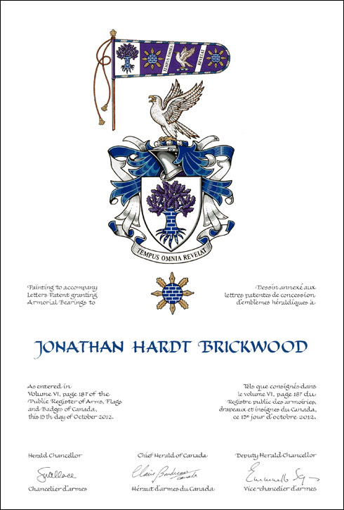 Letters patent granting heraldic emblems to Jonathan Hardt Brickwood
