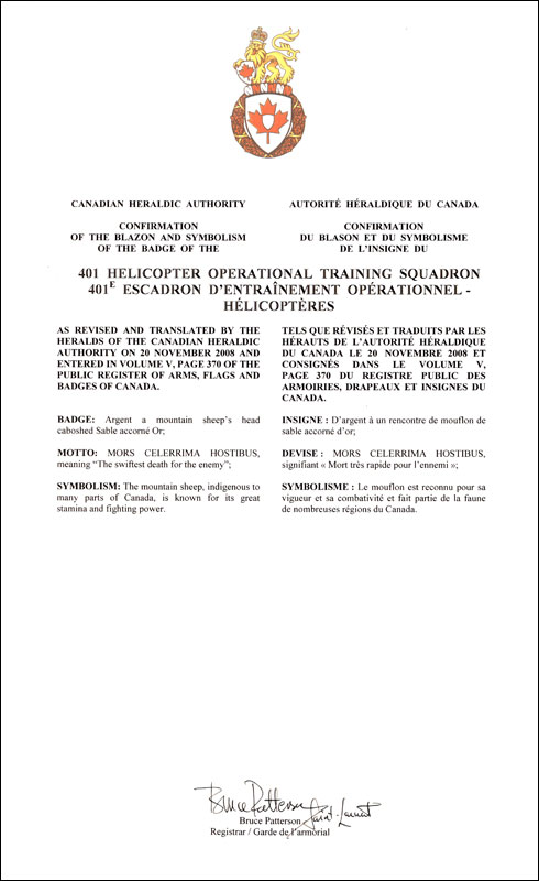 Lettres patentes confirmant le blasonnement de l'insigne du 401e Escadron d'entraînement opérationnel d'hélicoptères
