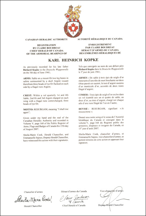 Lettres patentes enregistrant les emblèmes héraldiques de Karl Heinrich Kopke