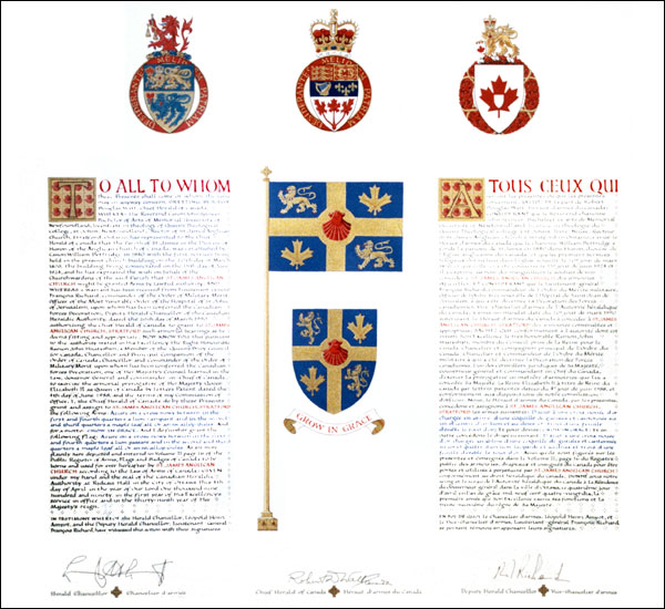Letters patent granting heraldic emblems to St. James Anglican Church