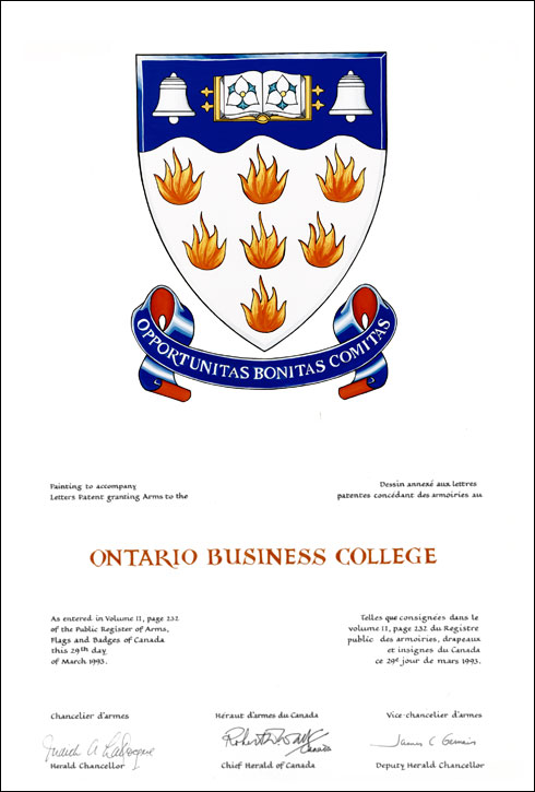 Letters patent granting heraldic emblems to the Ontario Business College