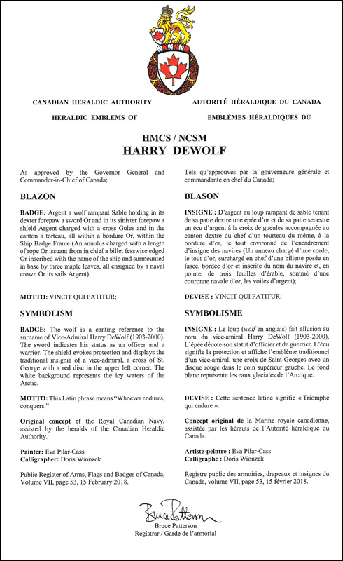 Letters patent approving heraldic emblems  of HMCS Harry DeWolf