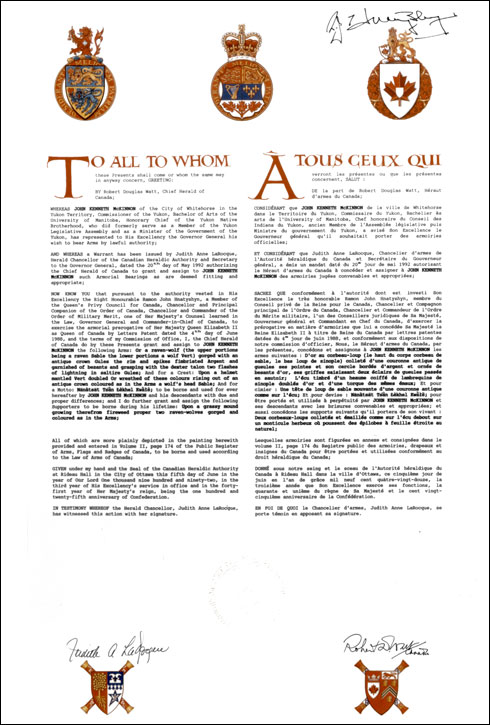 Letters patent granting heraldic emblems to John Kenneth McKinnon