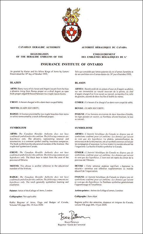 Letters patent registering the heraldic emblems of the Insurance Institute of Ontario