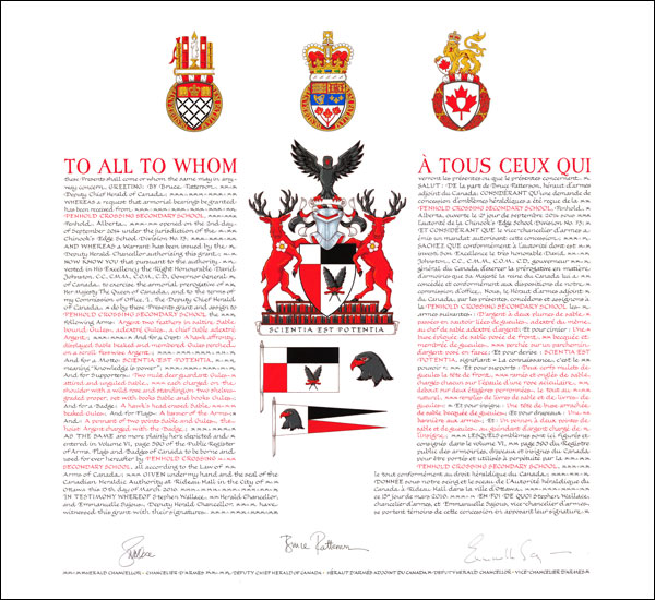 Letters patent granting heraldic emblems to the Penhold Crossing Secondary School