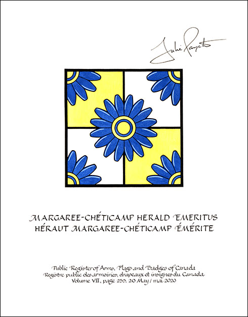 Lettres patentes concédant des emblèmes héraldiques au héraut Margaree-Chéticamp émérite