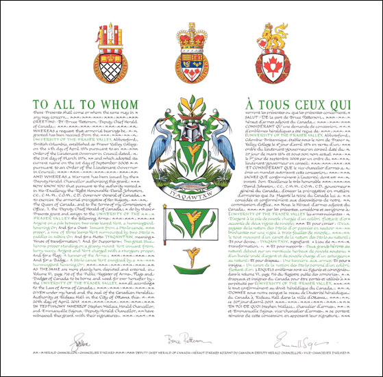 Letters patent granting heraldic emblems to the University of the Fraser Valley