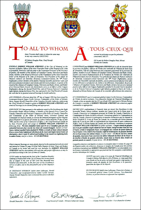 Letters patent granting Armorial Bearing to Gordon William Atkinson