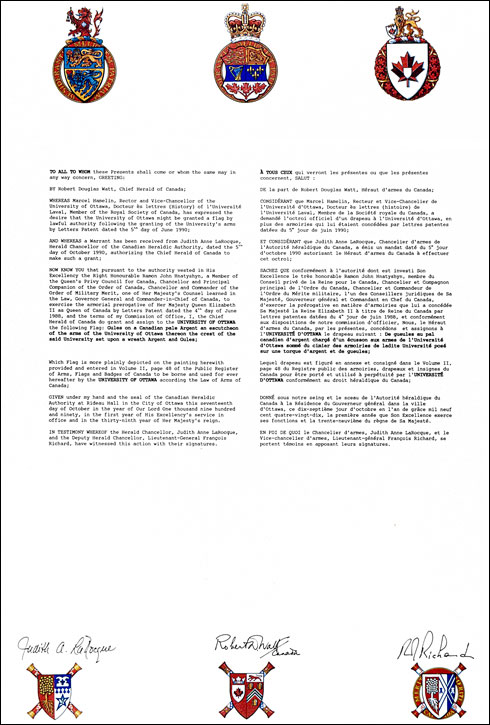 Letters patent granting a Flag to the University of Ottawa