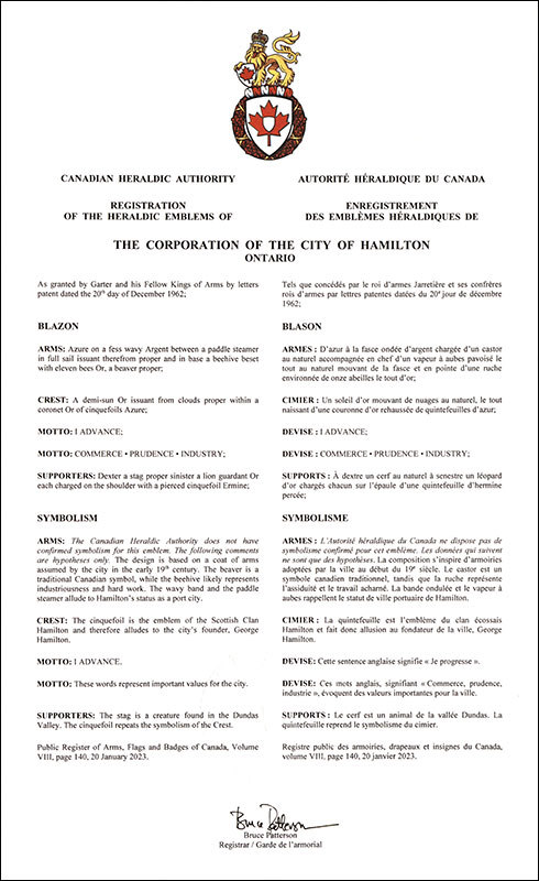 Letters patent registering the heraldic emblems of The Corporation of the City of Hamilton
