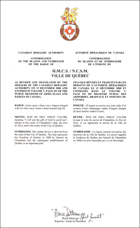 Lettres patentes confirmant le blasonnement de l'insigne du NCSM Ville de Québec
