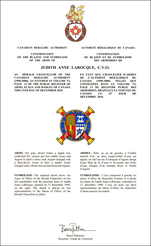 Lettres patentes confirmant les armoiries parties d’office de Judith Anne LaRocque en tant que chancelier d'armes