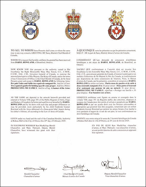 Letters patent granting heraldic emblems to Daryl Rowland