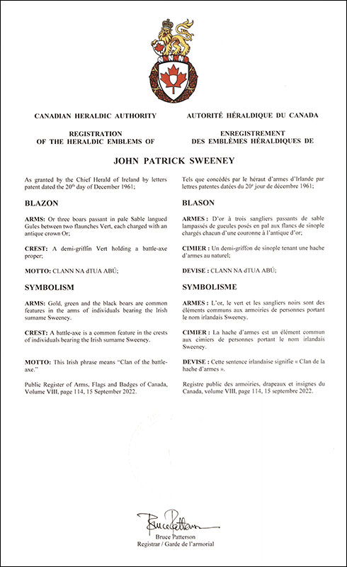 Letters patent registering the heraldic emblems of John Patrick Sweeney