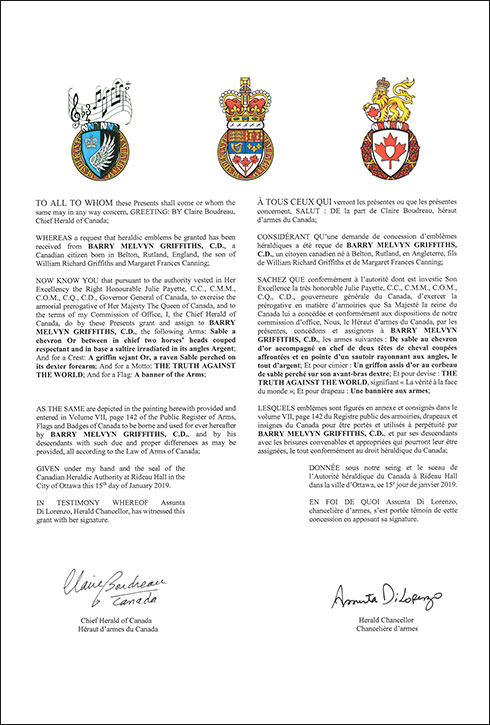 Lettres patentes concédant des emblèmes héraldiques à Barry Melvyn Griffiths
