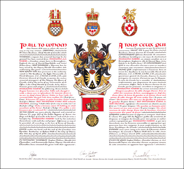Letters patent granting heraldic emblems to Sharagim Habibi