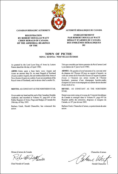 Letters patent registering the Armoirial Bearings of the Town of Pictou