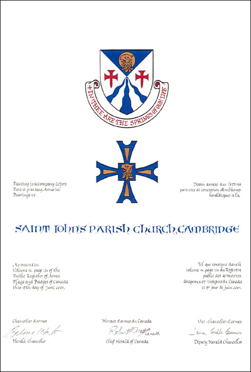 Letters patent granting heraldic emblems to Saint John's Parish Church, Cambridge