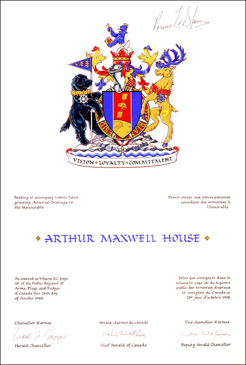 Lettres patentes concédant des emblèmes héraldiques à Arthur Maxwell House